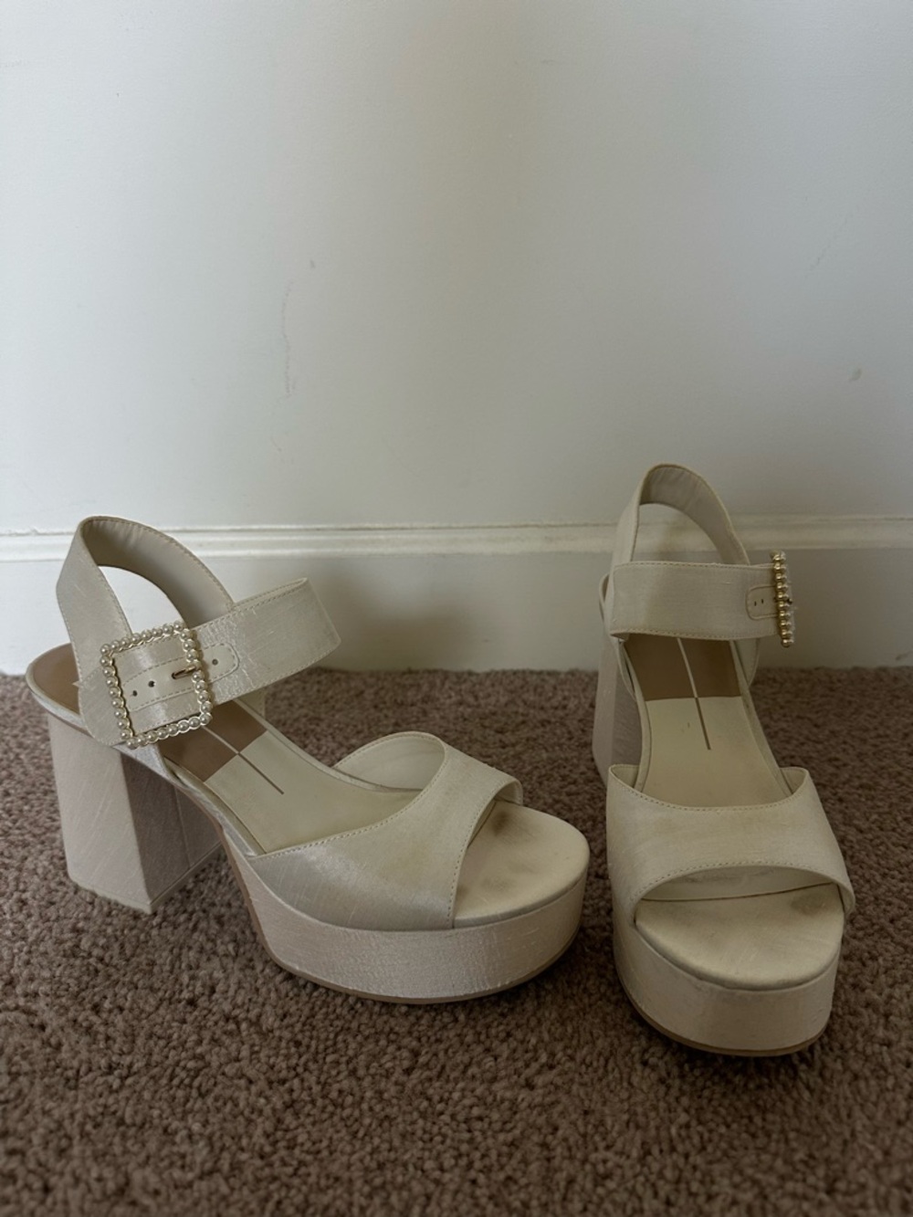 Dolce Vita Cream Platform Block Heel Sandals with Pearl Buckles